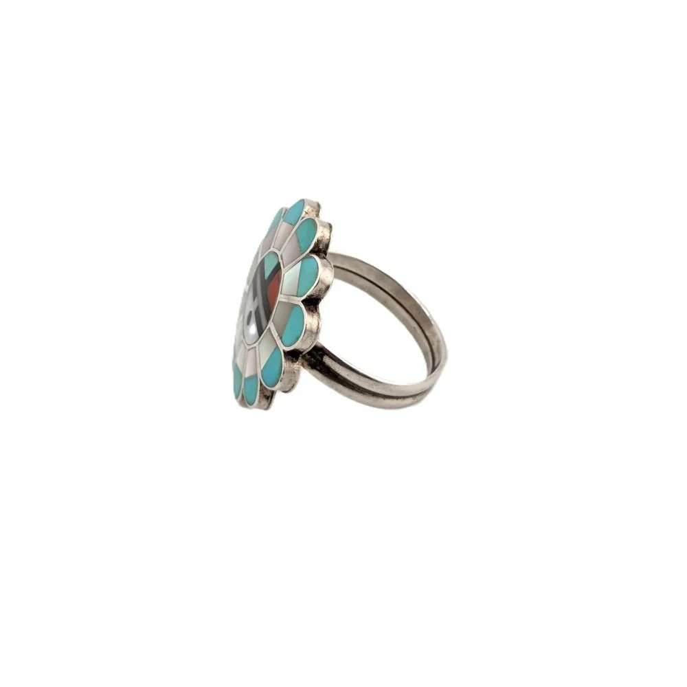 Zuni Sun face Inlay Ring Sterling Silver Tribal Ring Size 7US jewelry**